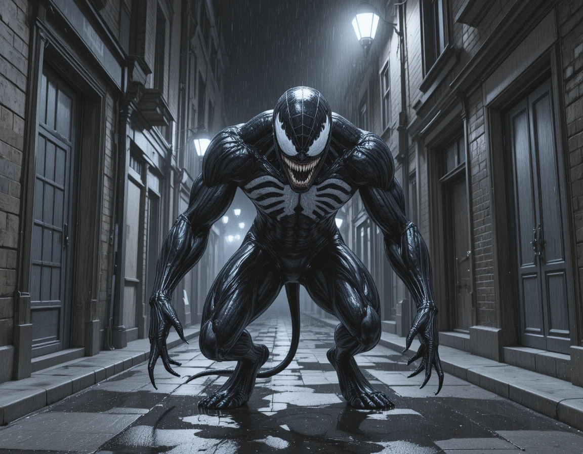 Monstro simbiótico grotesco em um beco urbano escuro