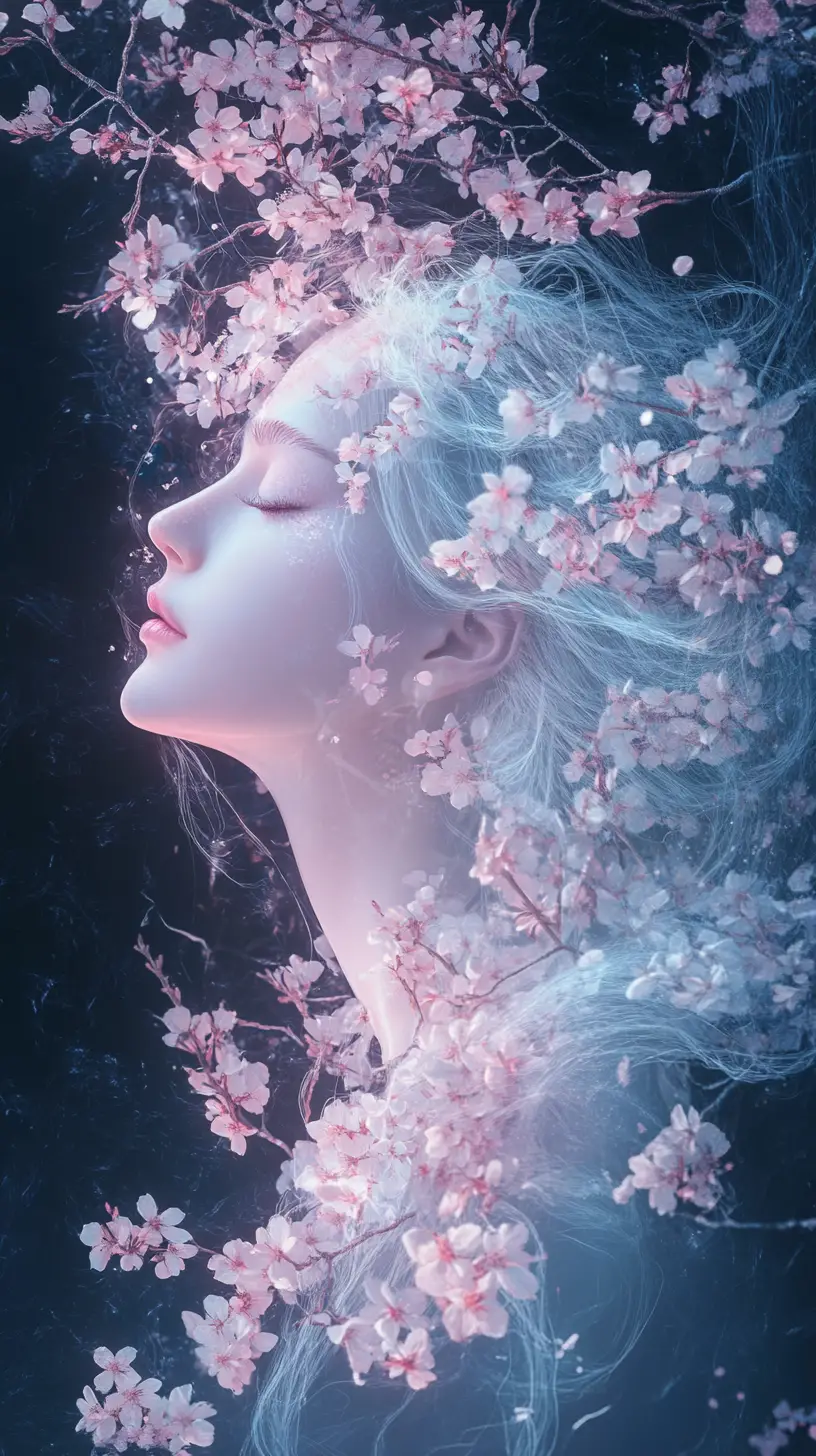 暗色背景中的櫻花空靈女子