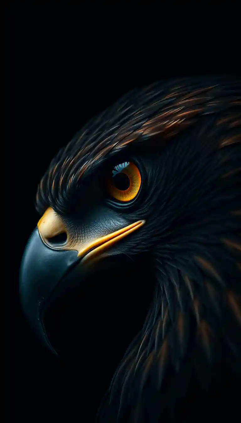 Gros plan extrême sur l’œil perçant d’un aigle dans l’ombre