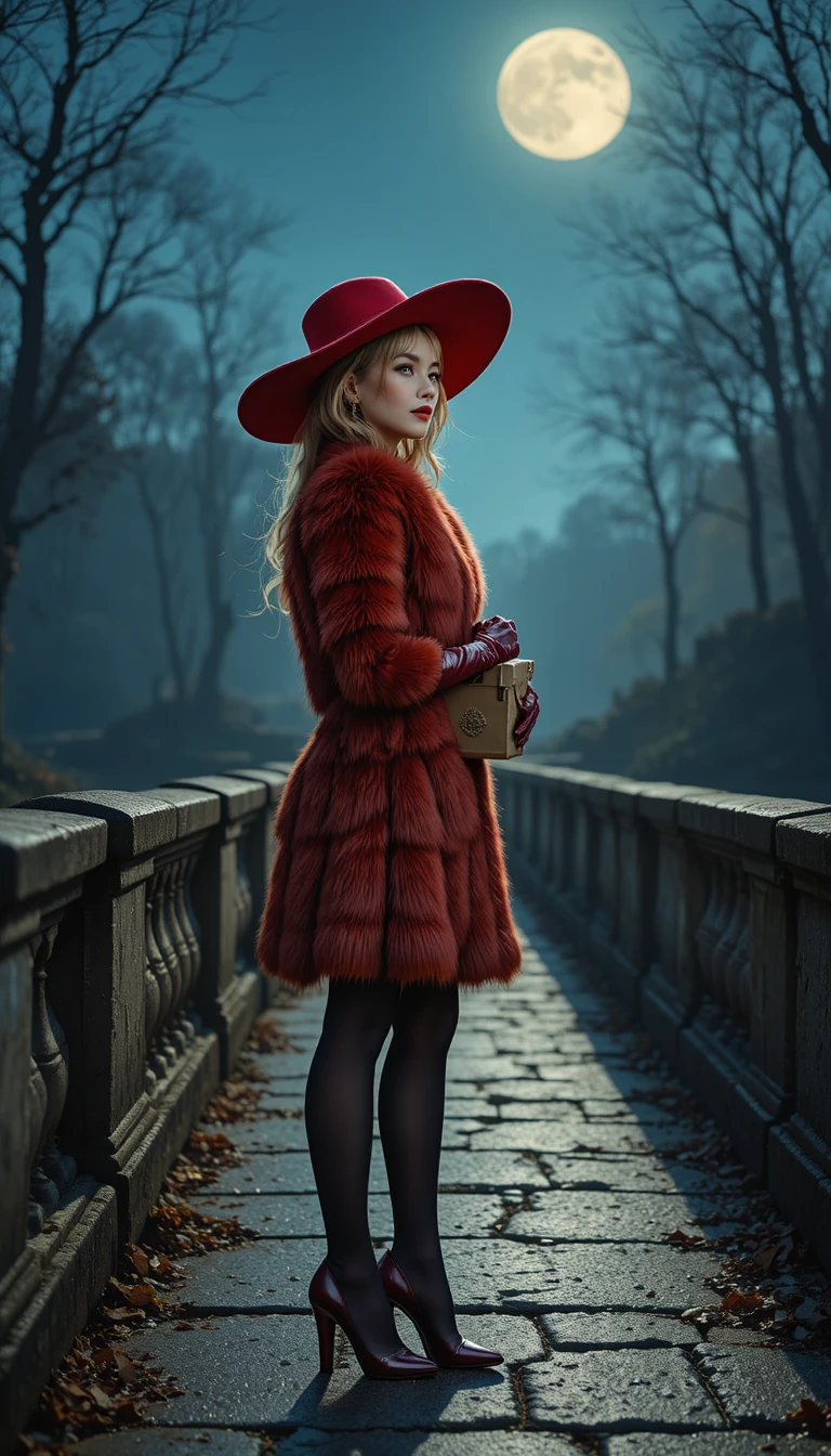Femme élégante en fourrure de renard près d’un pont de pierre au clair de lune