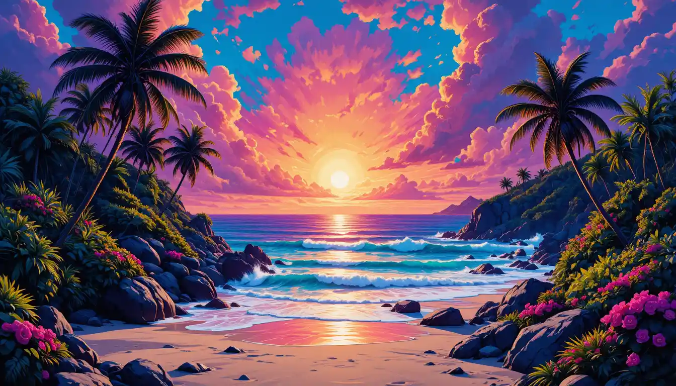 Plage tropicale synthwave néon au coucher de soleil lumineux