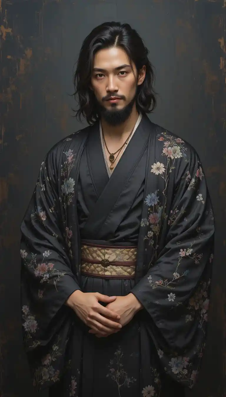 Mann im schwarzen Kimono vor dunklem, strukturiertem Hintergrund