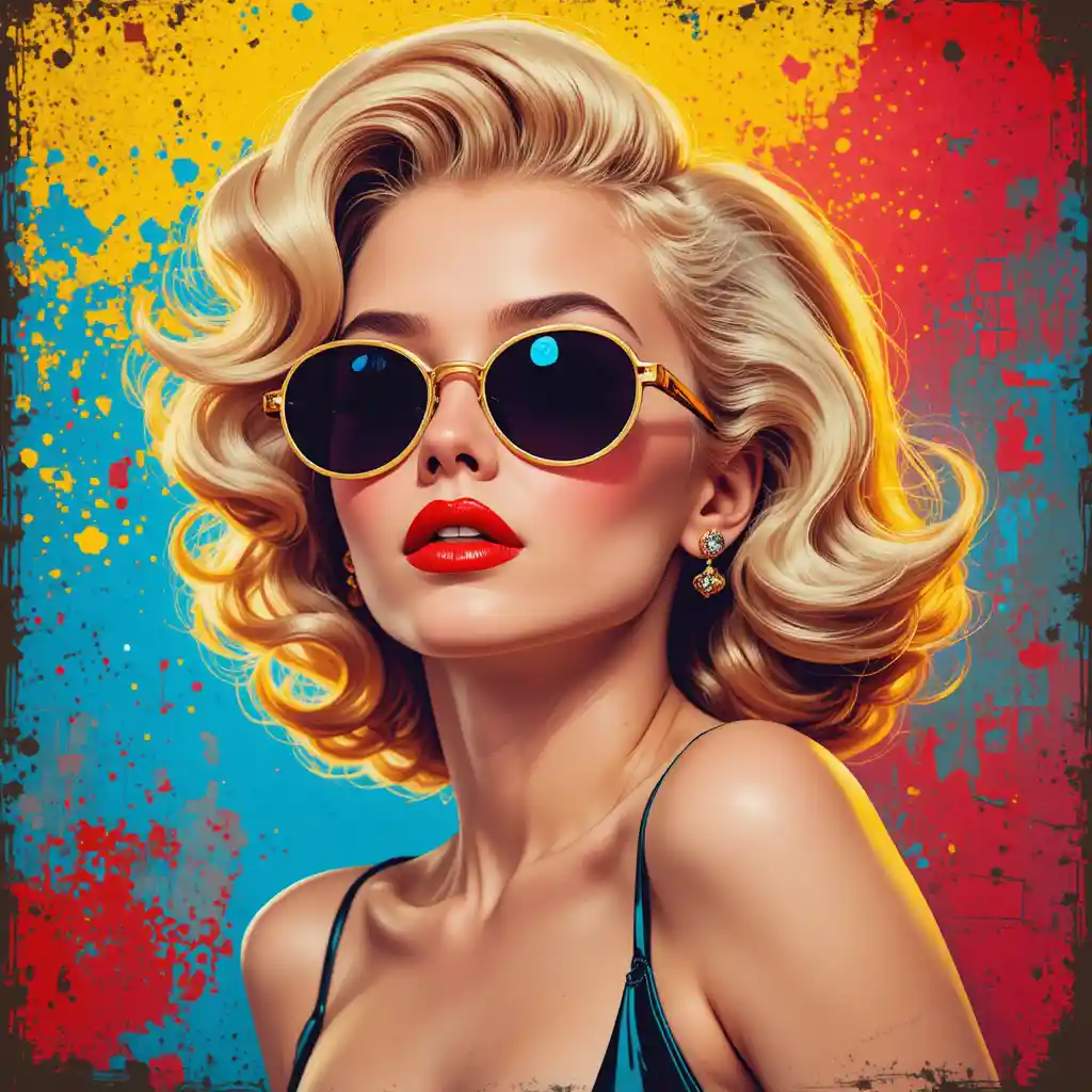 Blonde pop art woman in sunglasses with colorful abstract background