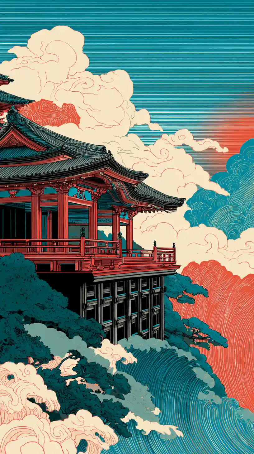 霧に包まれた山あいを望む浮世絵の寺院テラス