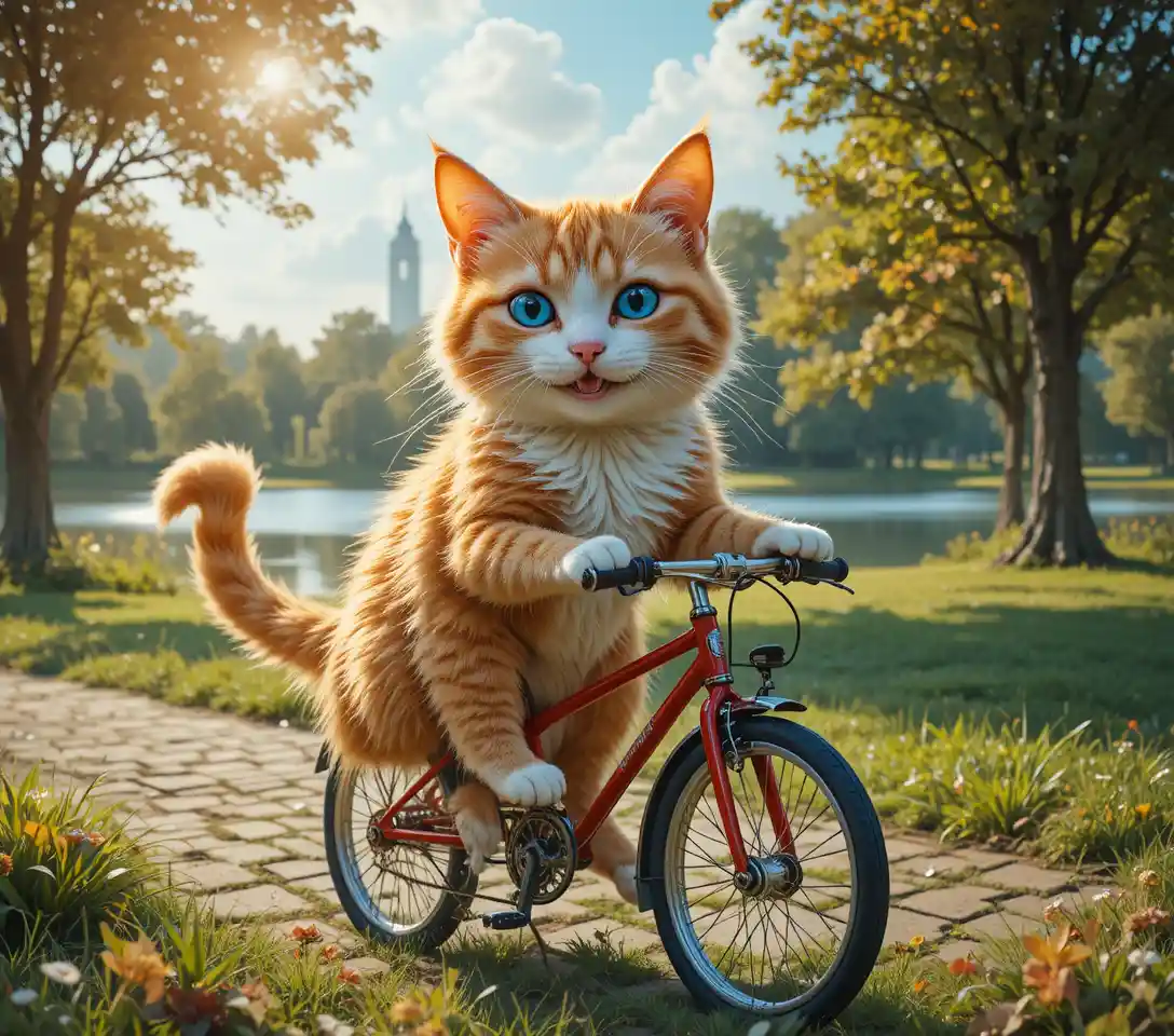 Chat tigré orange souriant faisant du vélo rouge dans un parc
