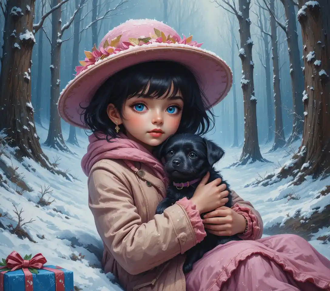 Girl in pink coat cuddling dog in snowy forest