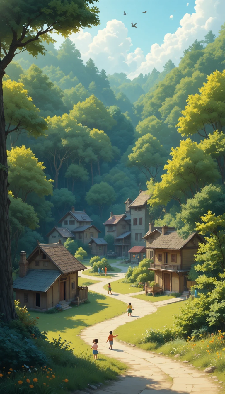 深い緑の森のそばの静かな村、夜明けの風景