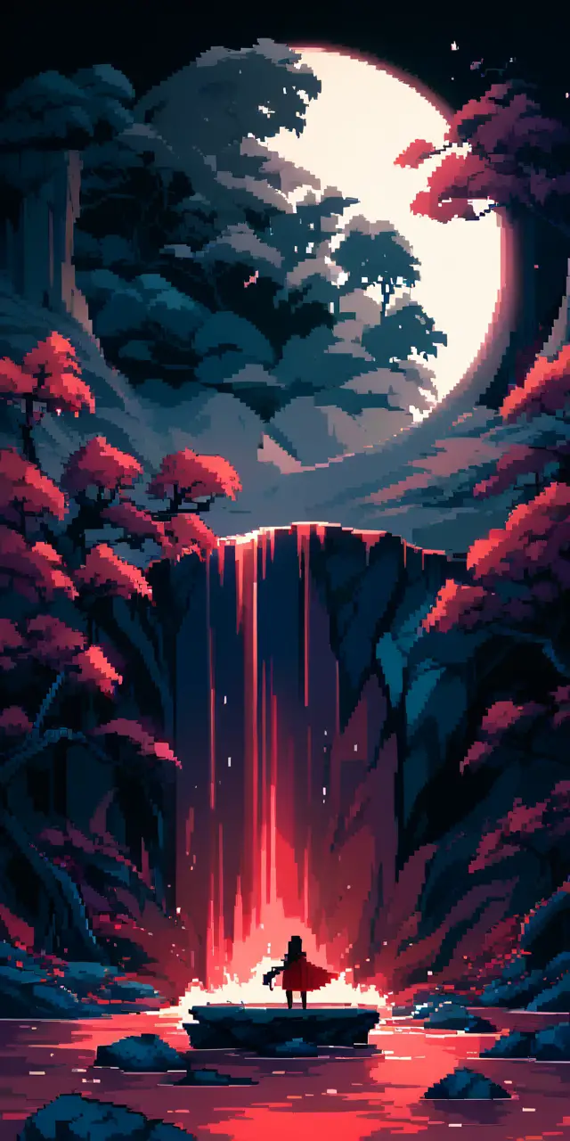 月光瀑布旁的紅衣少女像素藝術場景