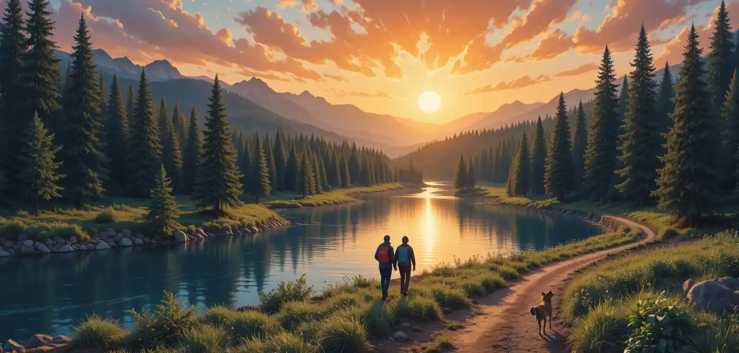 Paisaje de bosque al atardecer con arroyo y pareja de senderismo