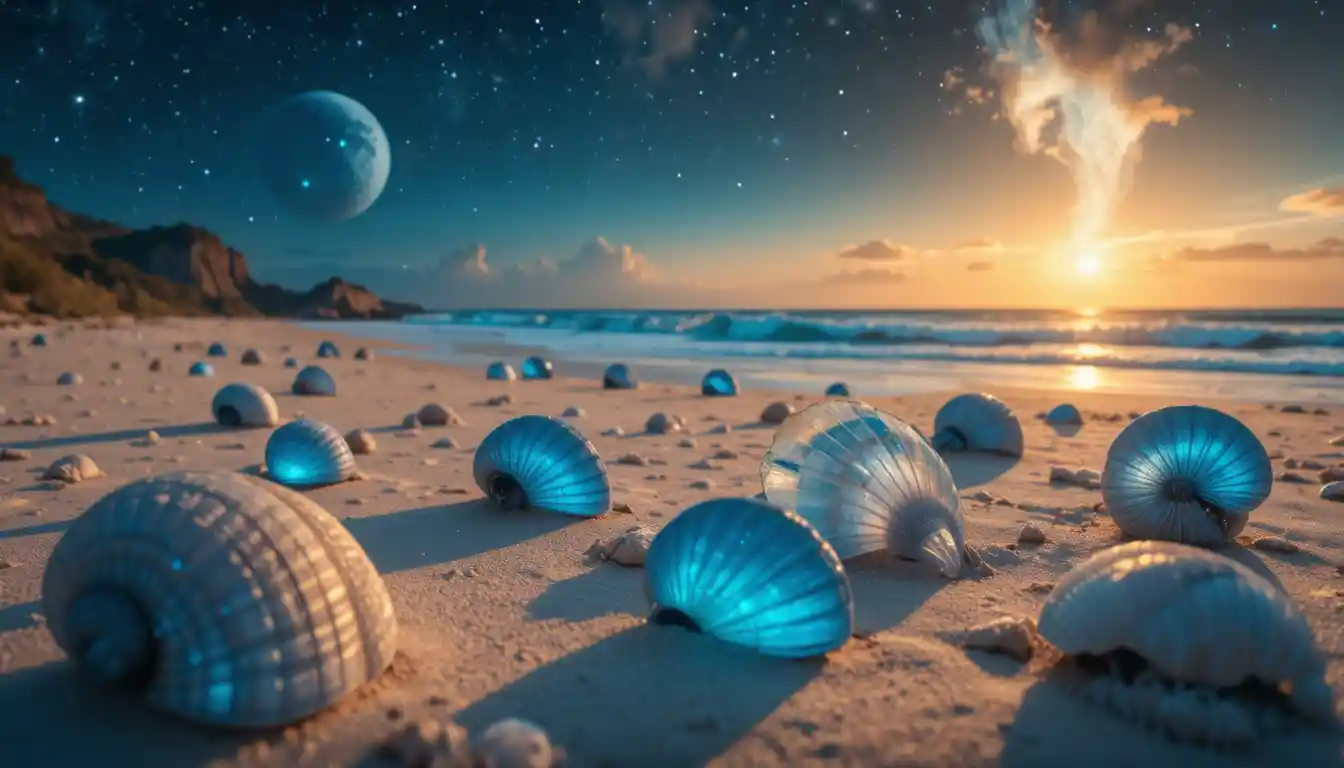 Alien beach landscape with glowing shells and distant planets