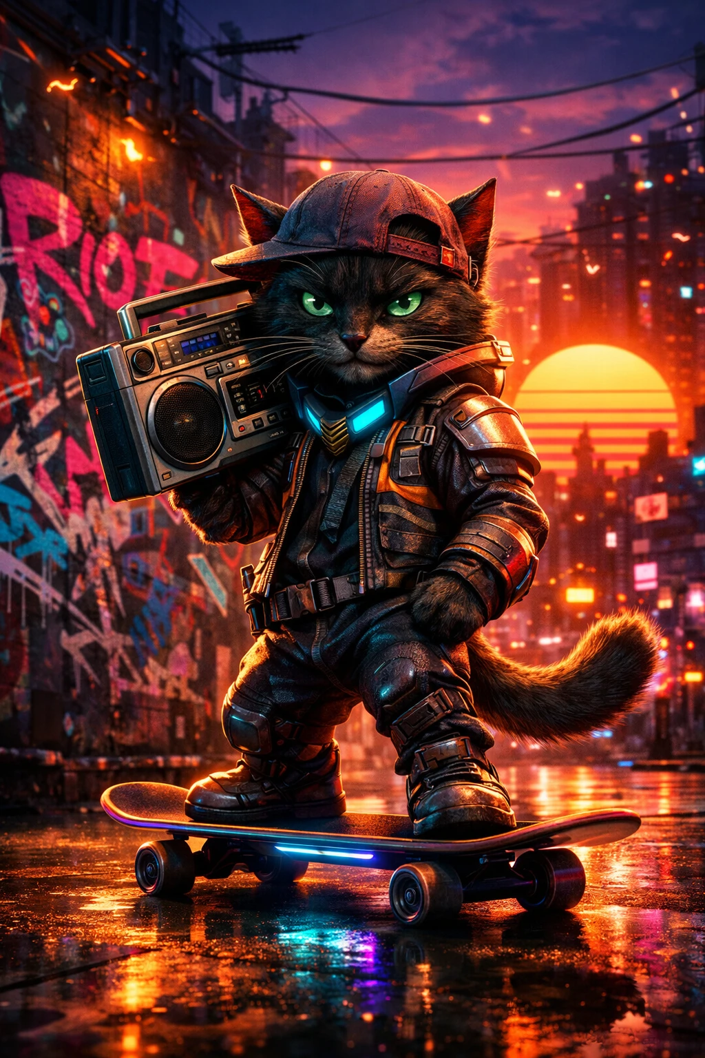 Gato cyberpunk com skate e boombox em beco de neon