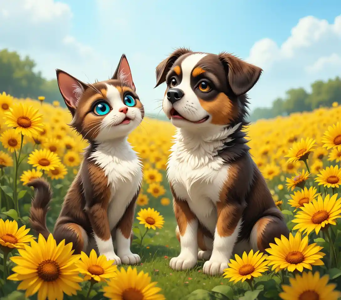 Chiot Saint-Bernard et chaton dans un champ de tournesols lumineux