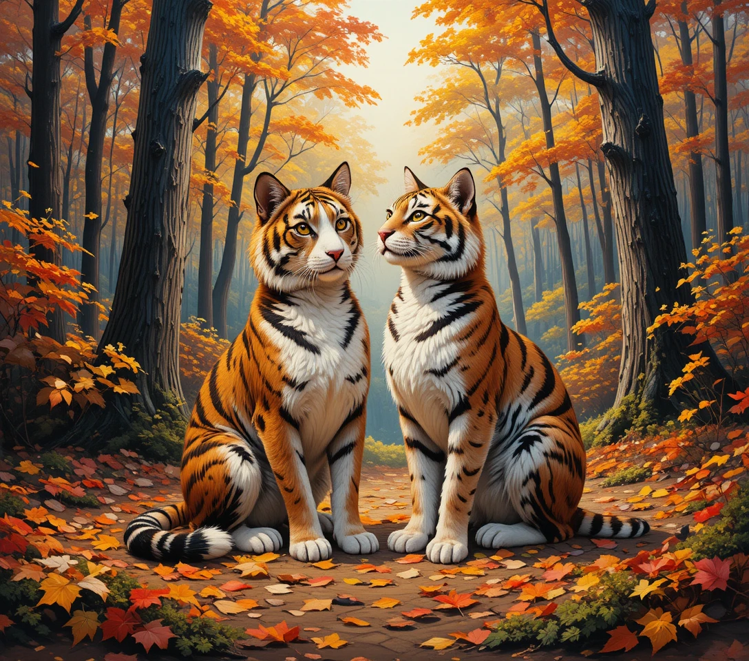 Saint Bernard puppy and kitten in a peaceful autumn forest