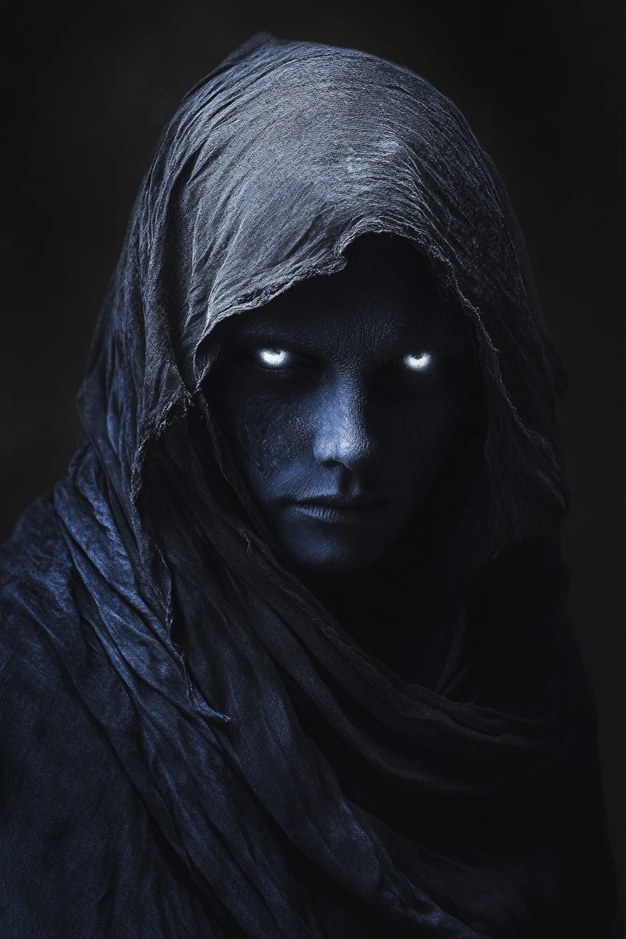 Ritratto dark fantasy di una donna con occhi bianchi luminosi