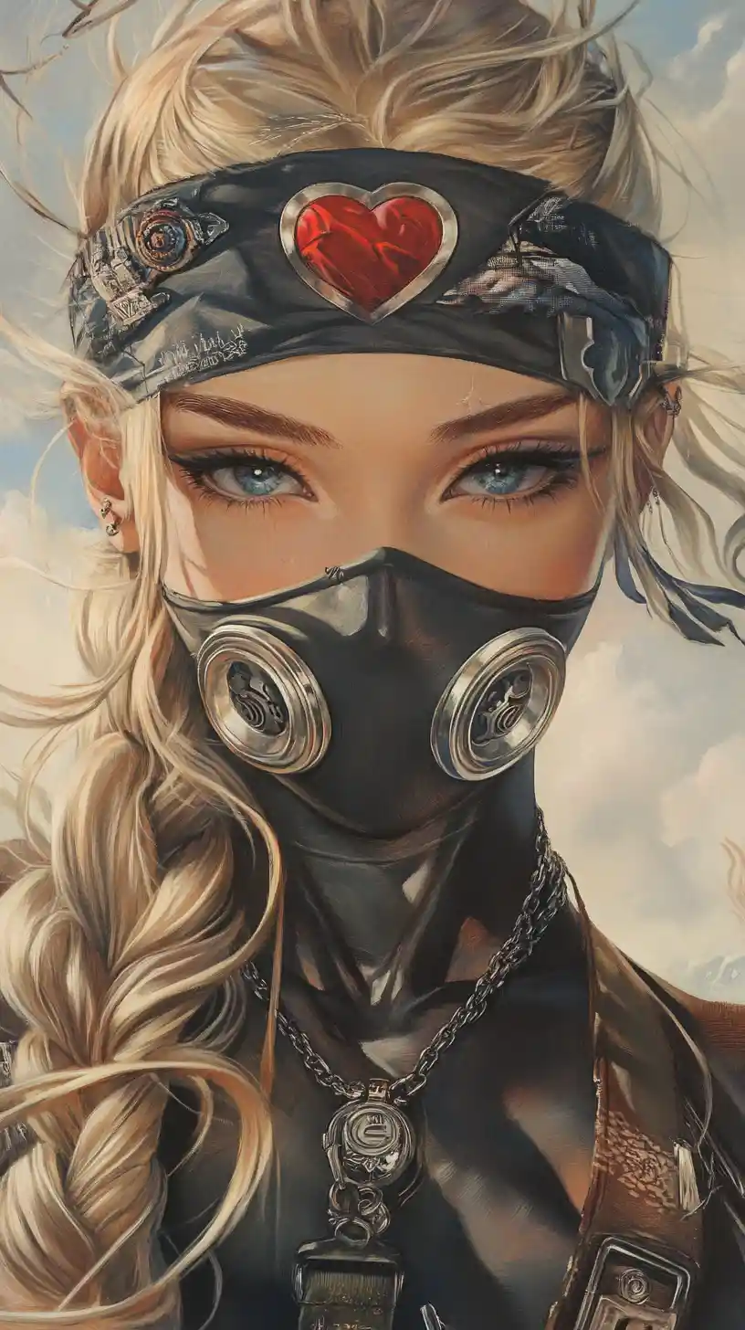 Anime-Mädchen mit Zopfmaske und Herz-Bandana – Porträt