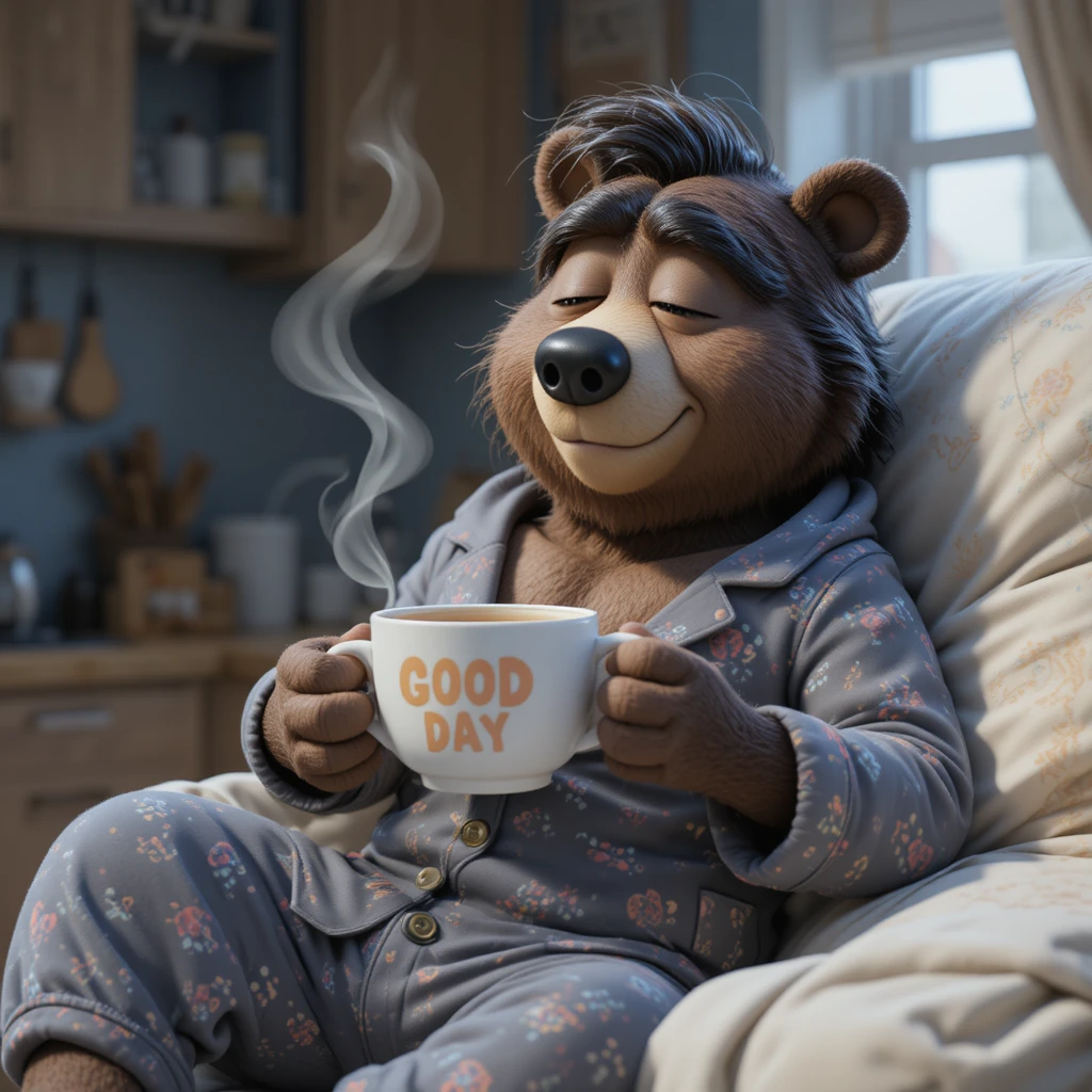 Schläfriger Bär im Pyjama mit Kaffee in gemütlicher Küche