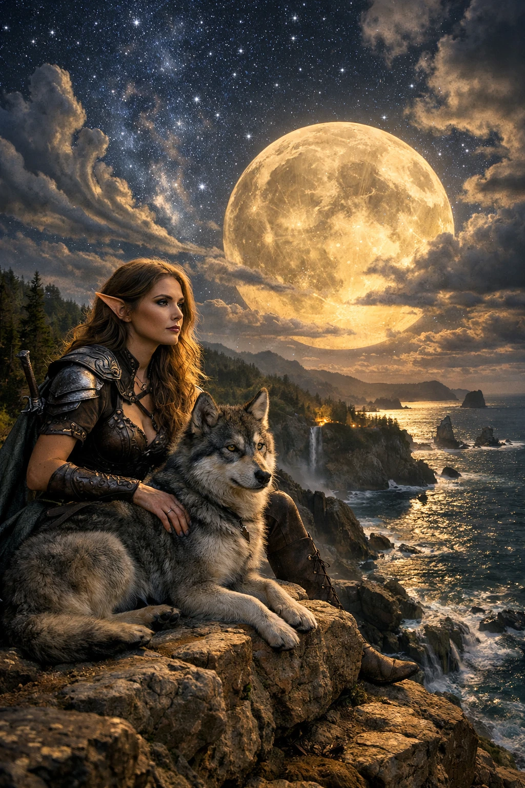 Elfenkriegerin mit Wolf unter einem mystischen mondbeschienenen Himmel