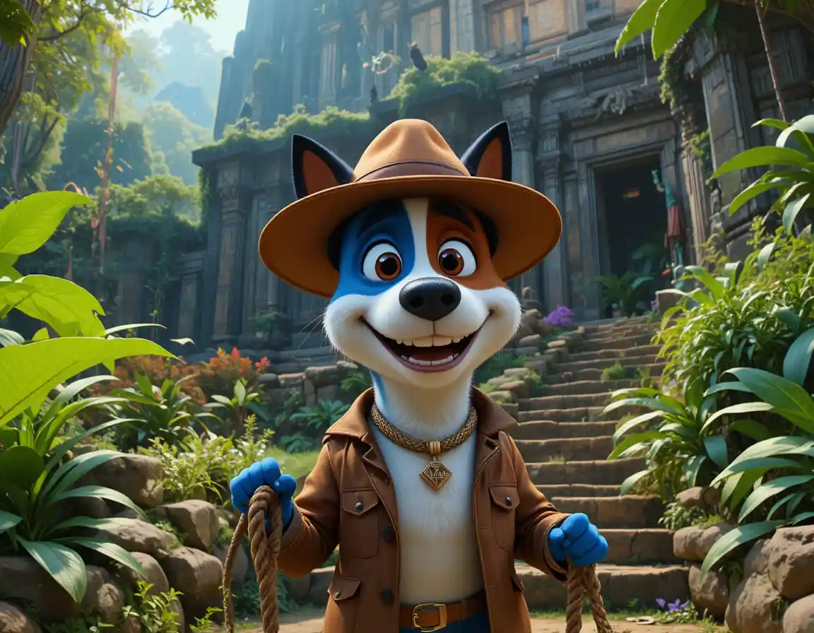 ジャングル寺院の石段を探検する青い犬のキャラクター