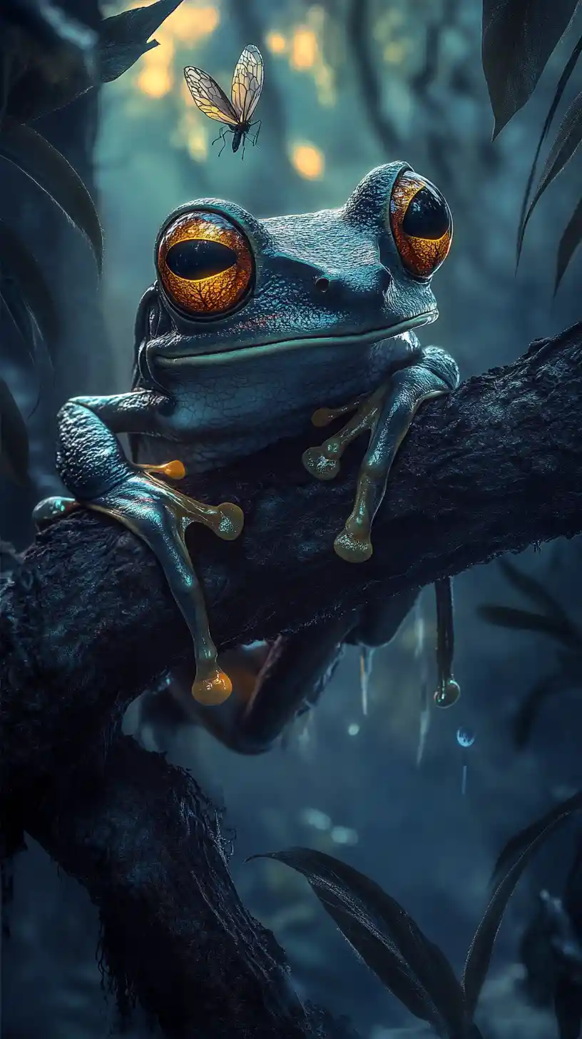 Grenouille arboricole dark fantasy aux yeux ambrés lumineux dans la nuit