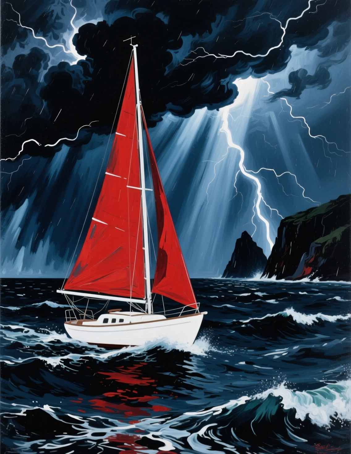 Boot mit rotem Segel auf stürmischer expressionistischer Meereslandschaft