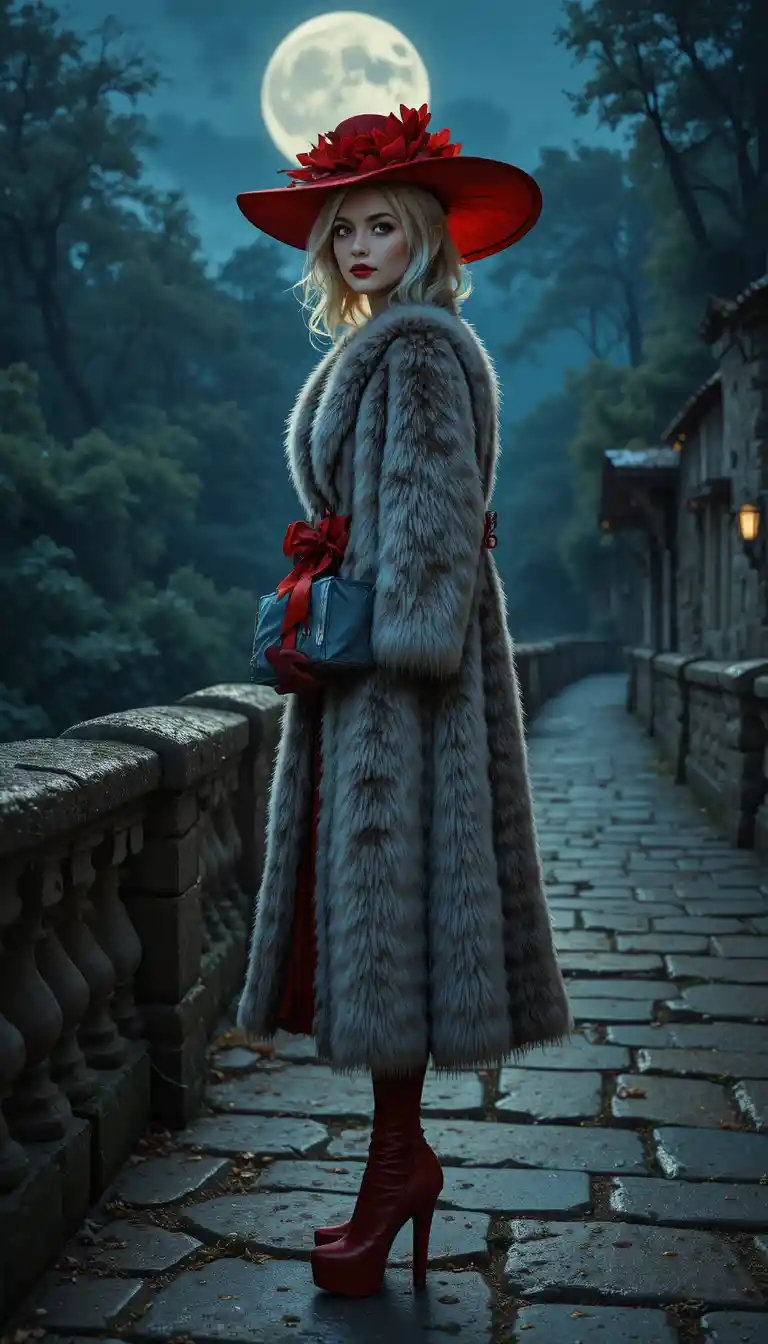 Elegant crossdresser in fox fur by moonlit stone bridge