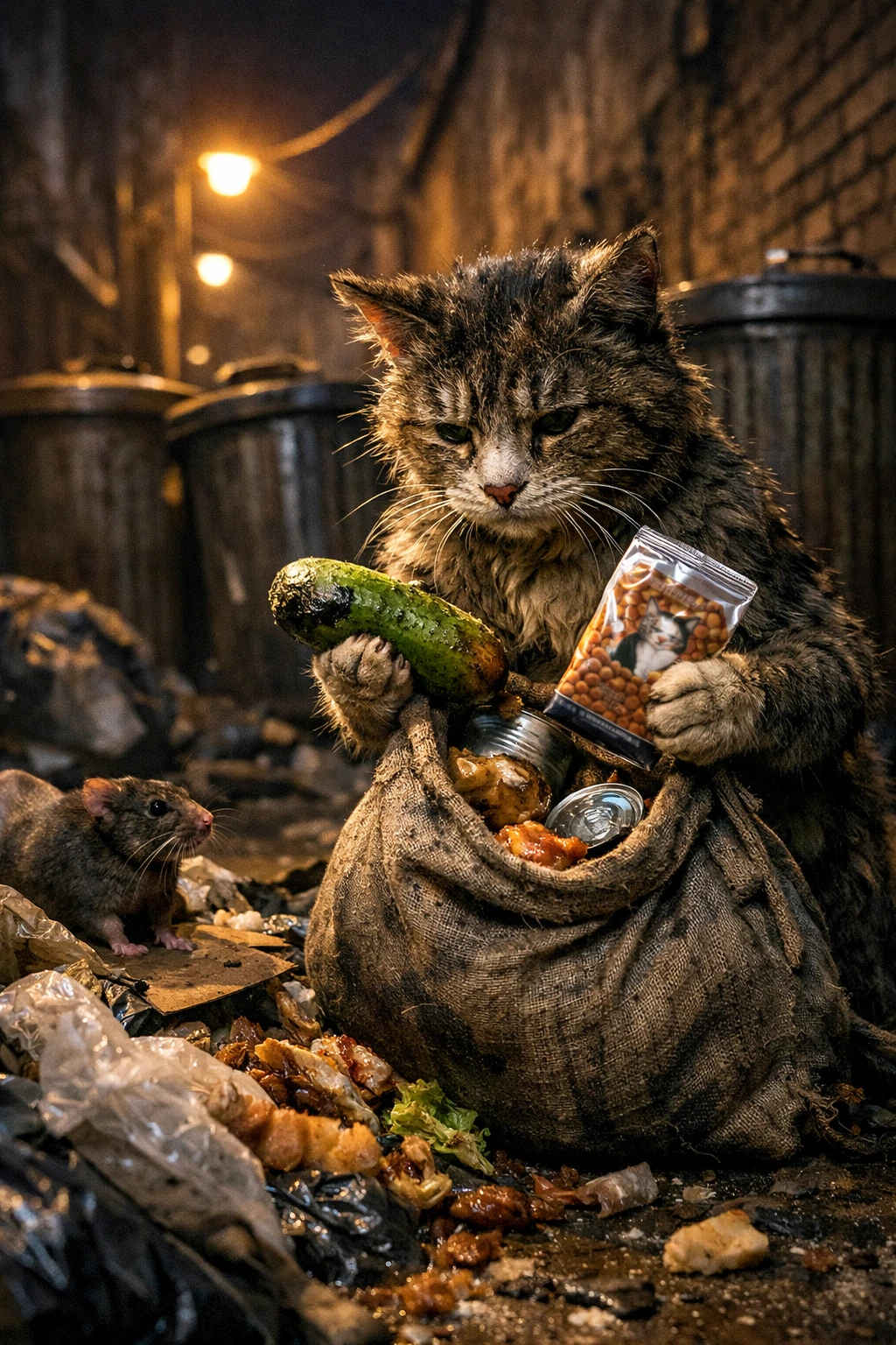 Gato de rua procurando restos em um beco escuro da cidade