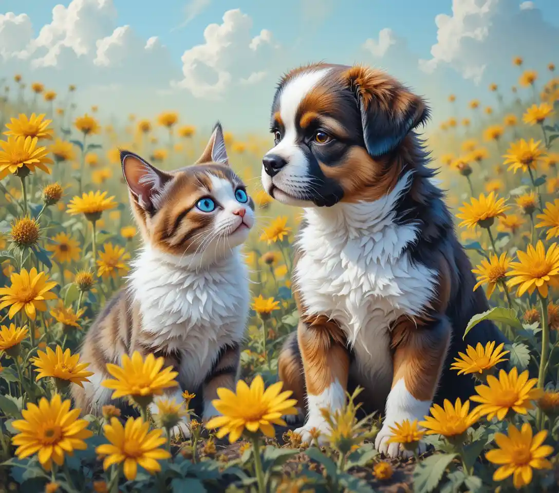 Filhote de São-bernardo e gatinho em campo de girassóis brilhante