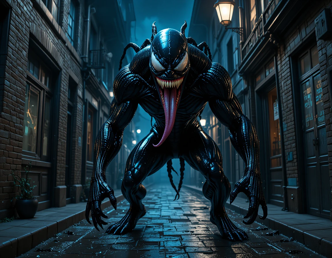 Monstro simbionte negro ameaçador em um beco urbano escuro