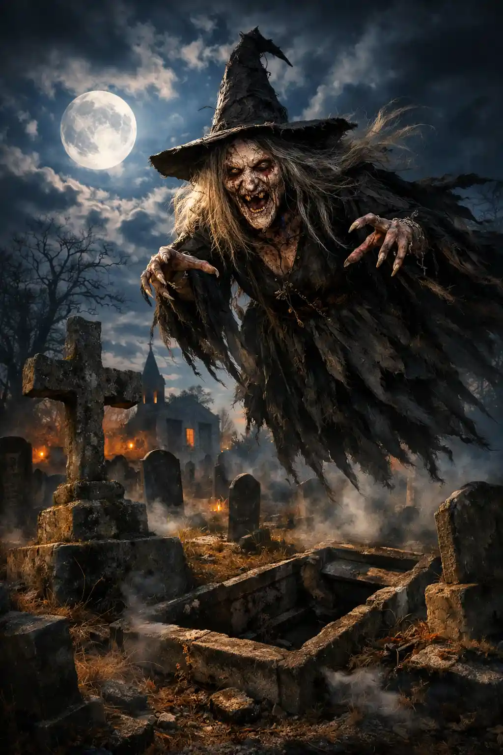 Strega grottesca sospesa sopra le tombe in un cimitero al chiaro di luna