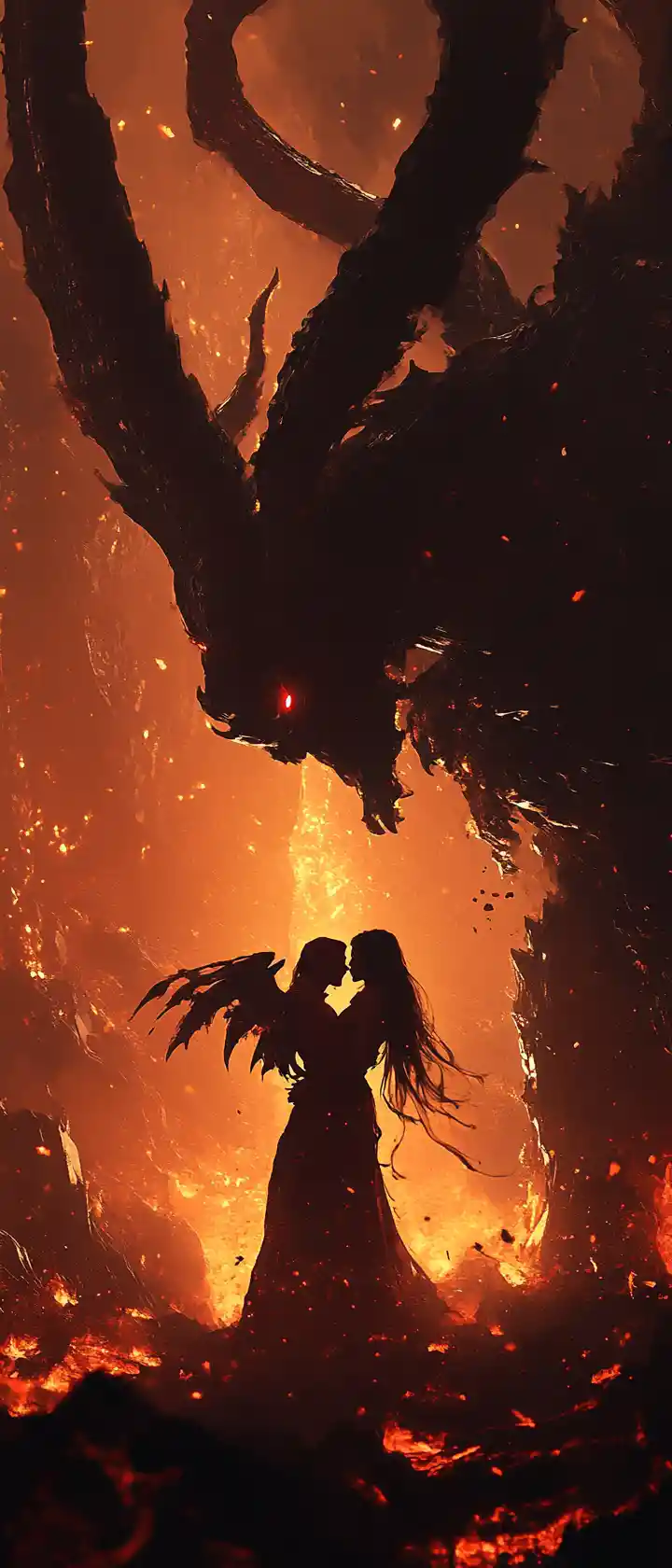 Demon lord kissing a winged demoness in volcanic night