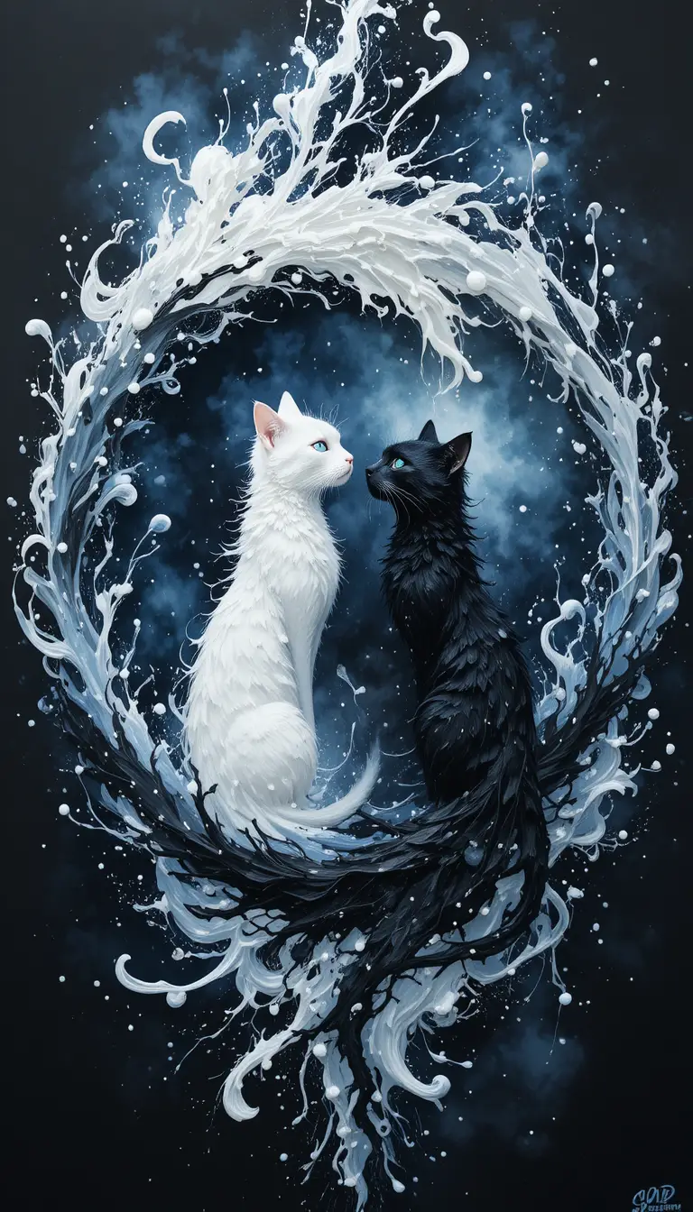 Weiße und schwarze Katzen in fließender Yin-Yang-Aquarellkunst