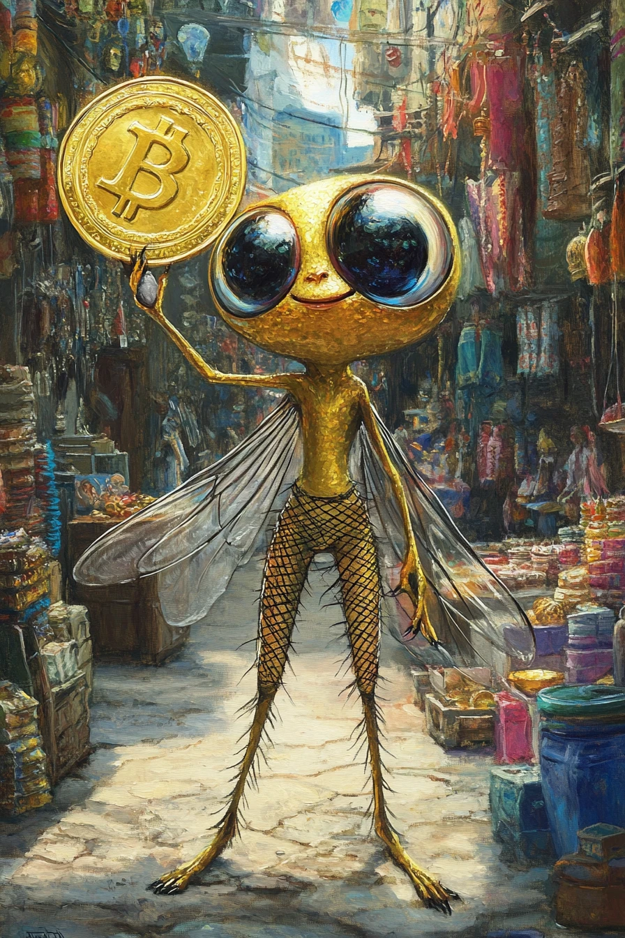 Mosca dorada de ojos grandes con moneda en un bazar animado