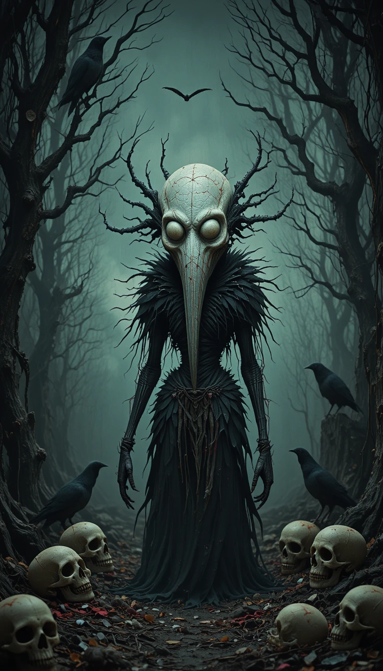 Alien monster with glowing eyes in a haunted forest
