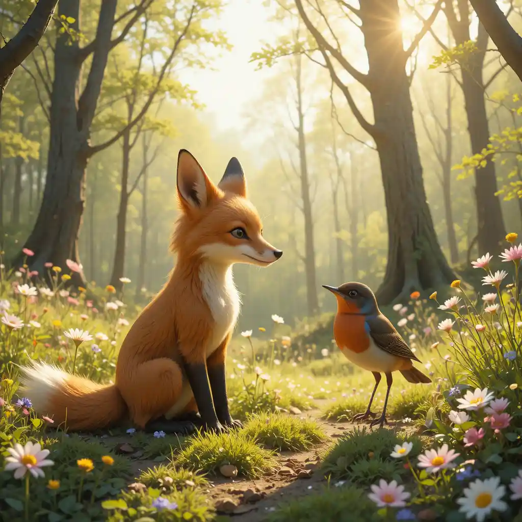 Small fox and robin in a sunny spring forest clearing