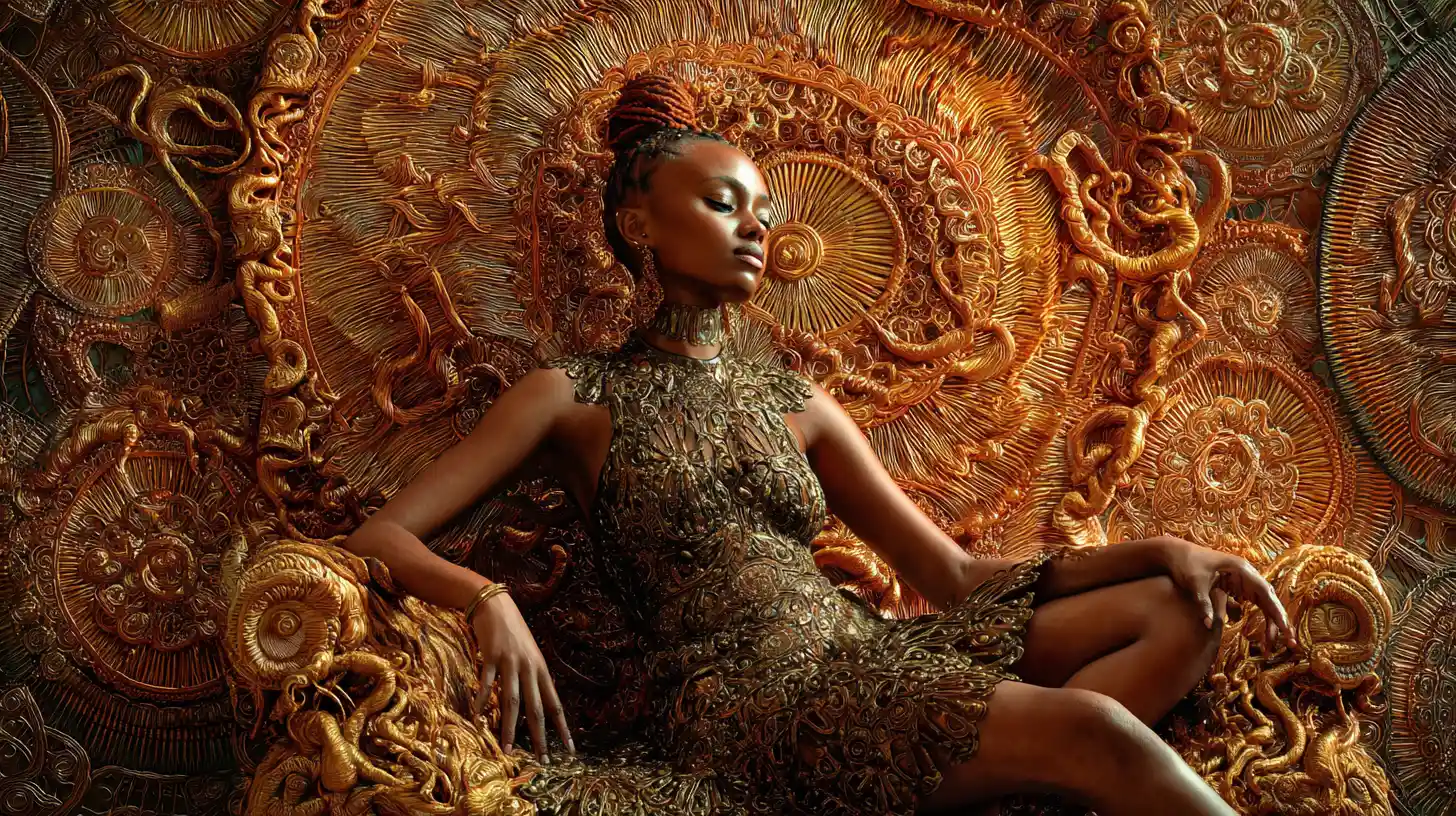 Dark skinned goddess reclining on a living throne of vines