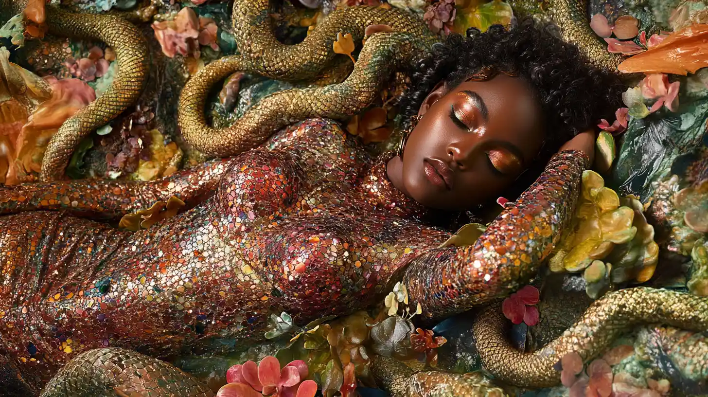 Copper skinned goddess on a living throne of vines