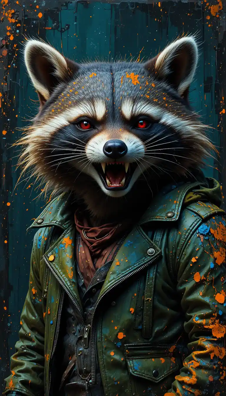 Fierce raccoon in green jacket with splattered paint