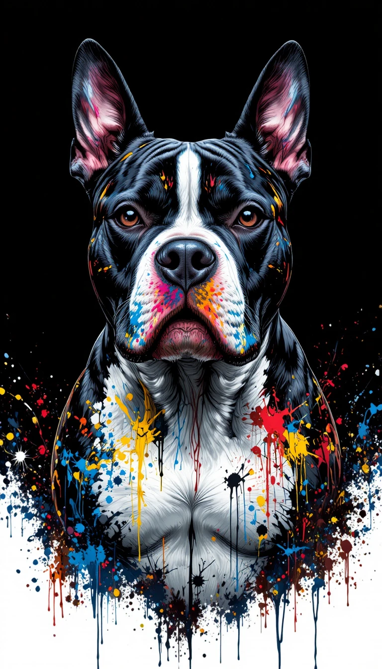 Retrato de pitbull com respingos de cor em fundo preto intenso