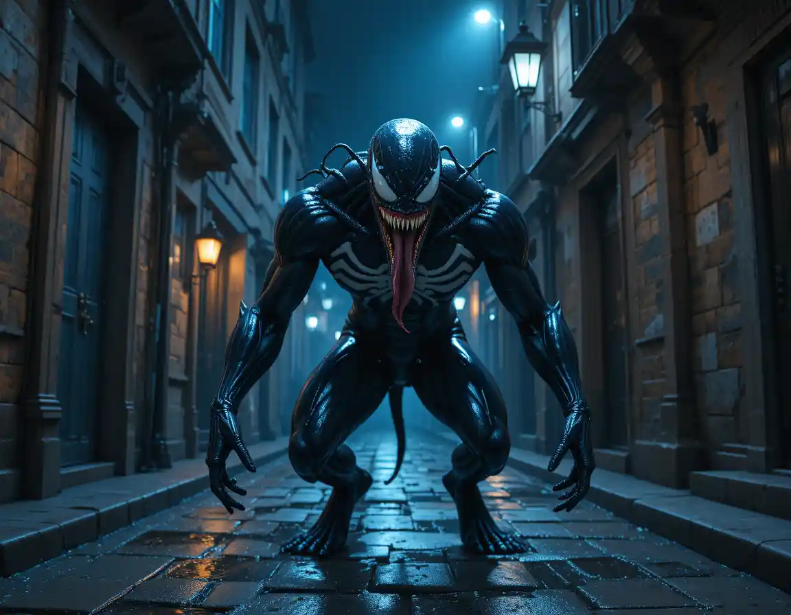 Grotesque monster in dark urban alley at night