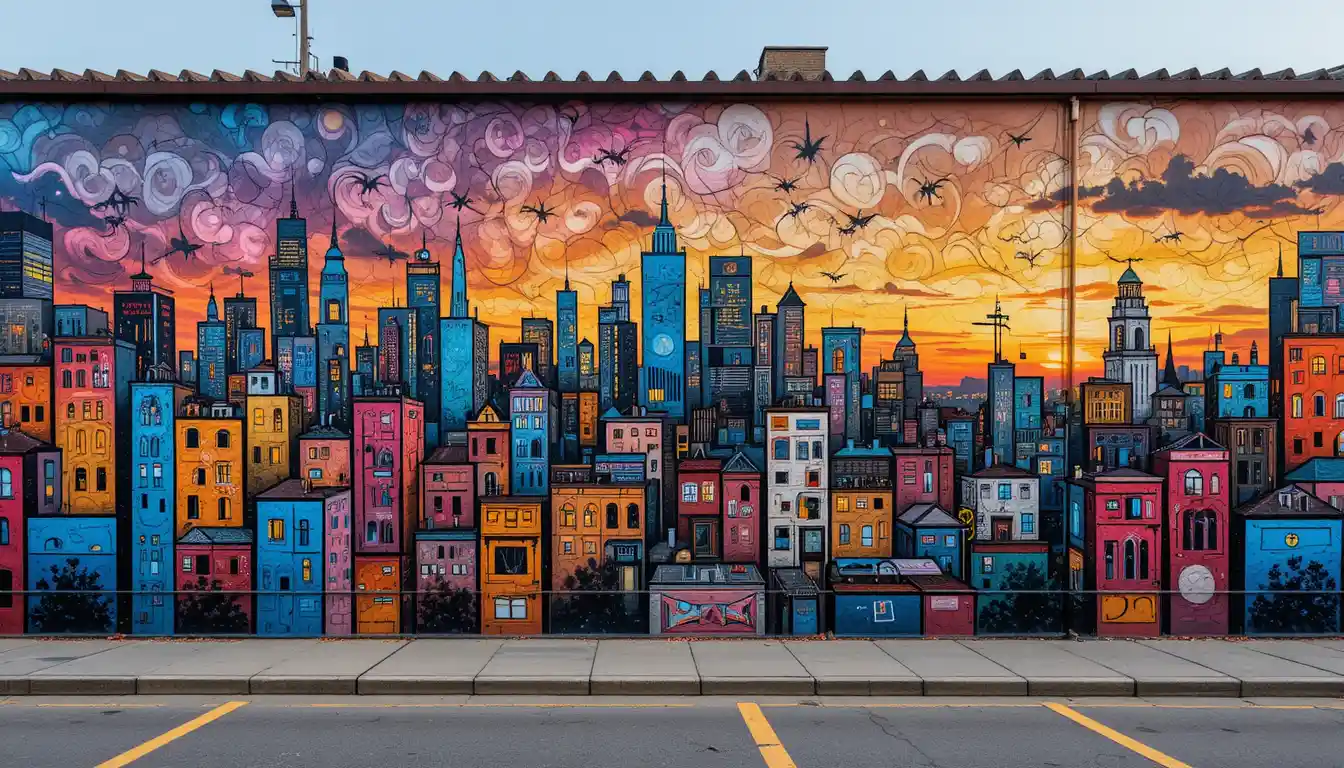 Farbenfrohes Street-Art-Wandbild einer lebendigen Stadtsilhouette in der Dämmerung