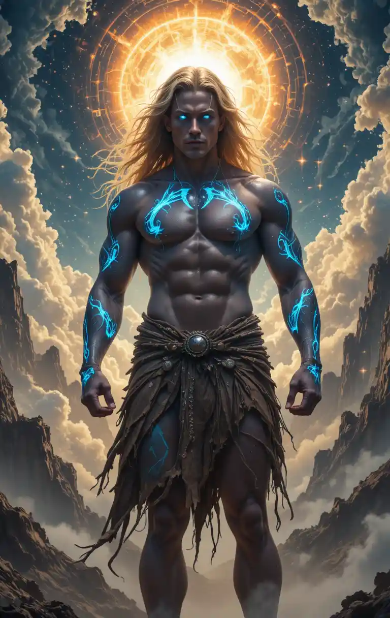 Homem musculoso com marcas luminosas em uma paisagem cósmica