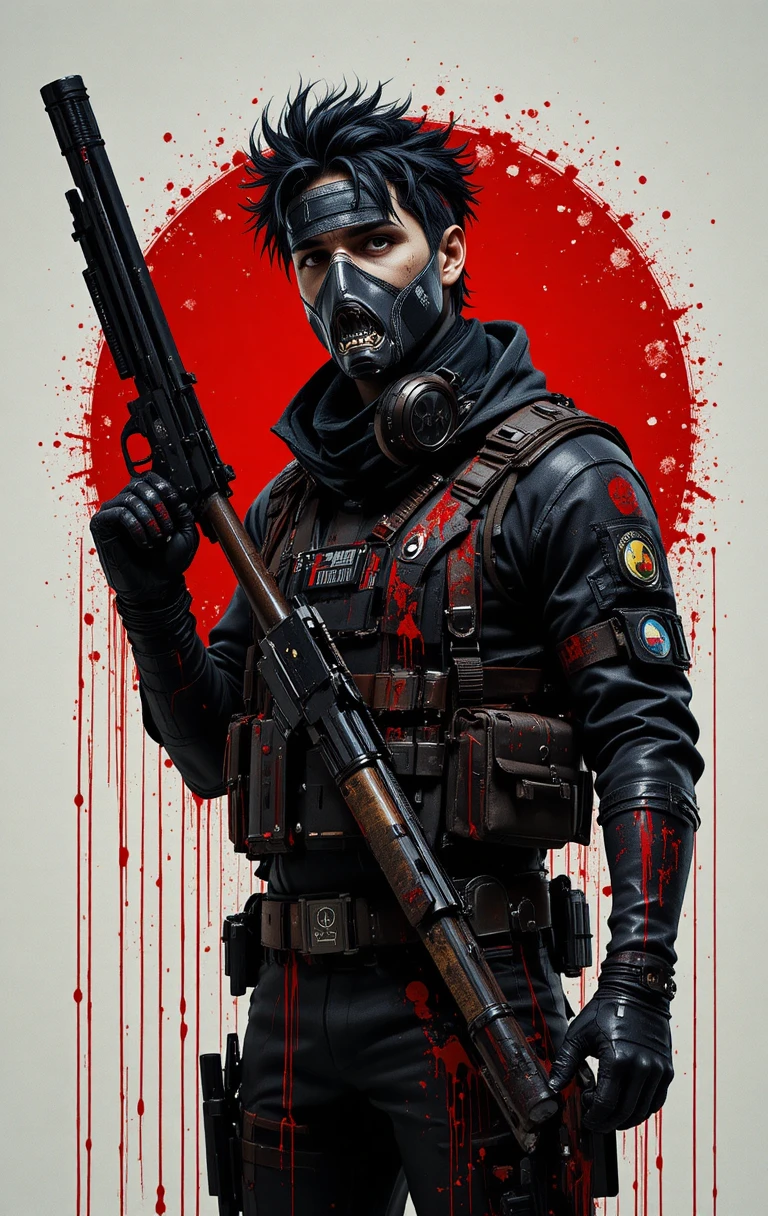 Guerriero cyberpunk mascherato con armi e sfondo a cerchio rosso