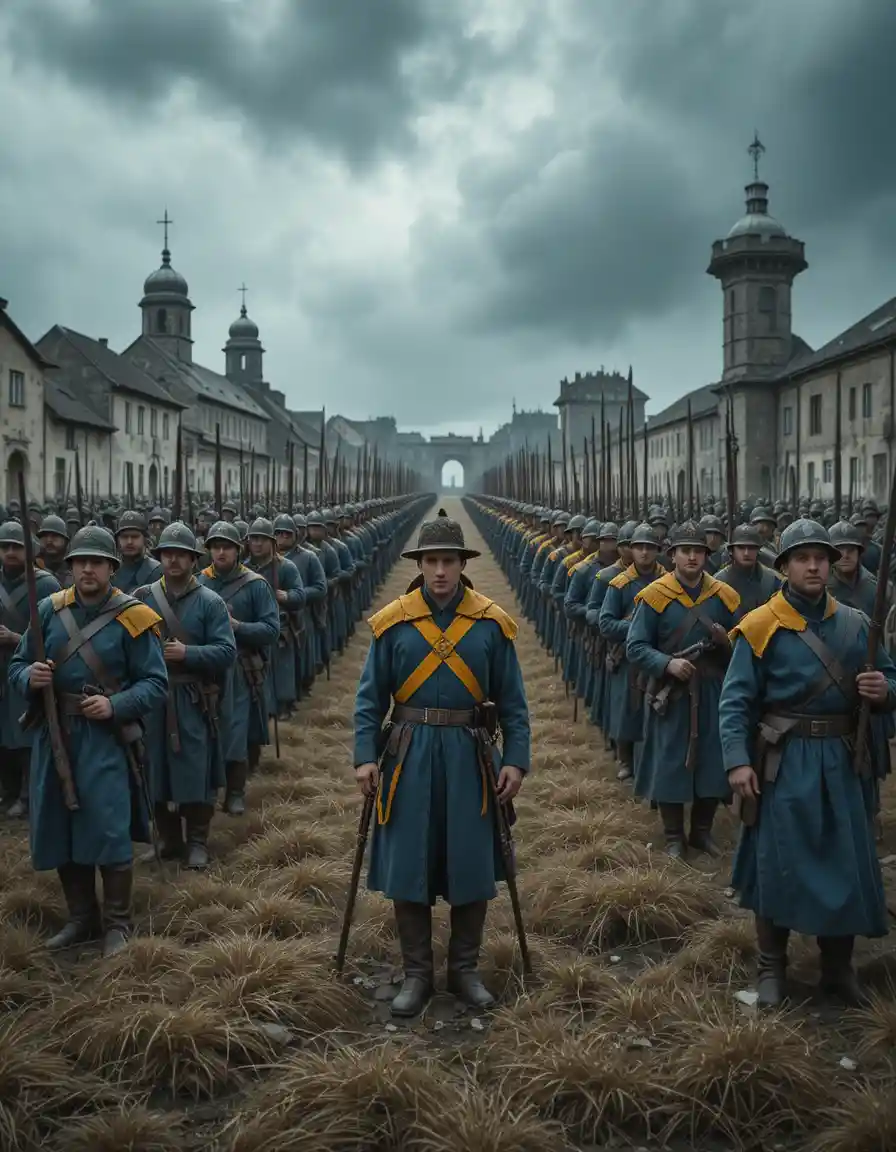 戦場で隊列を組んで整列するスウェーデン兵たち