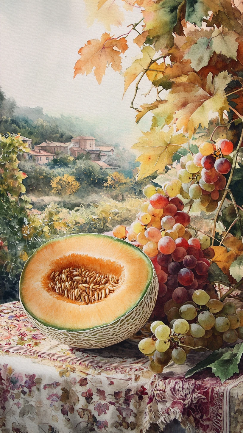 Natura morta ad acquerello con melone cantalupo, uva e cotone