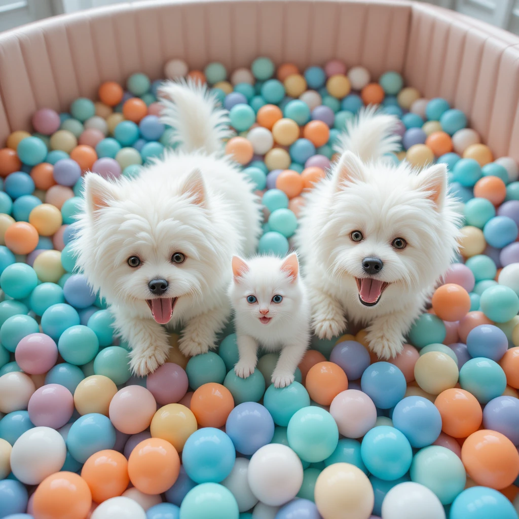 Pets brancos brincalhões mergulhando em uma colorida piscina de bolinhas interna