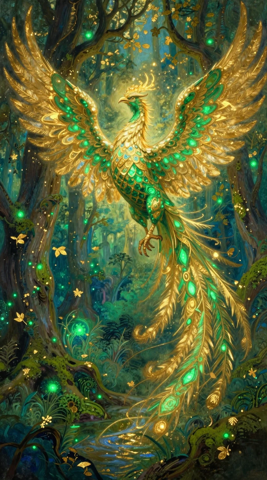 Fênix esmeralda e dourada erguendo-se sobre floresta antiga cintilante