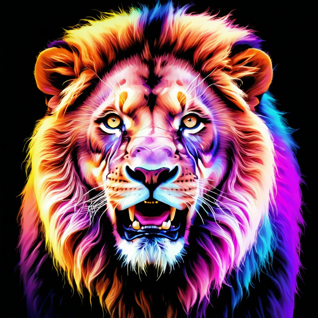 Roaring lion with vibrant colors against aurora sky