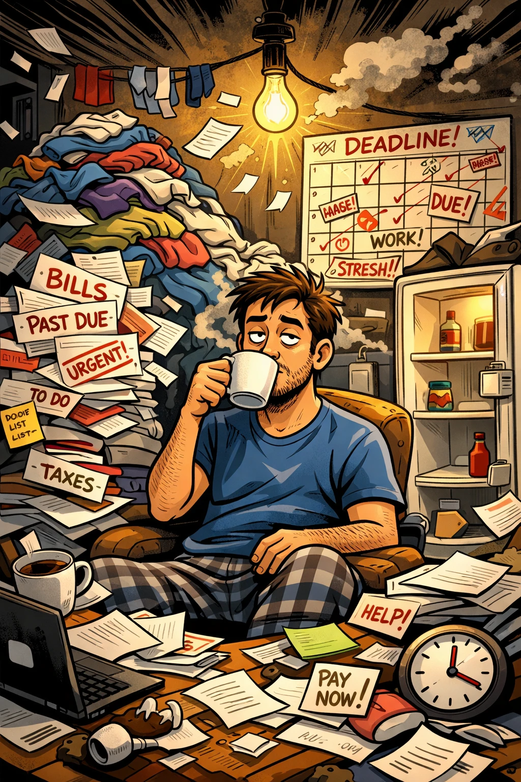 Calm adult sipping coffee in chaotic messy apartment