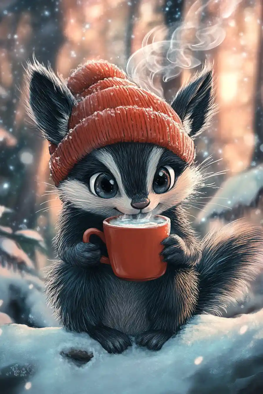 雪の森で温かいコーヒーを飲むかわいいアニメスカンク