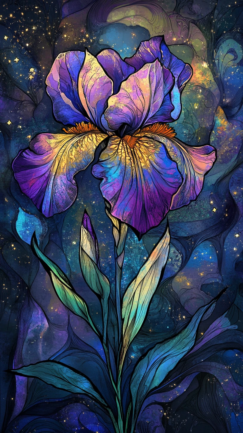 Glowing Fantasy Iris Flower Against Cosmic Night Sky